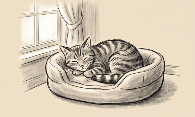 A contented cat curled up in a cosy spot