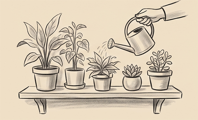 Healthy houseplants being watered on a windowsill