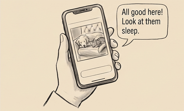 A phone showing a friendly update message with a pet photo