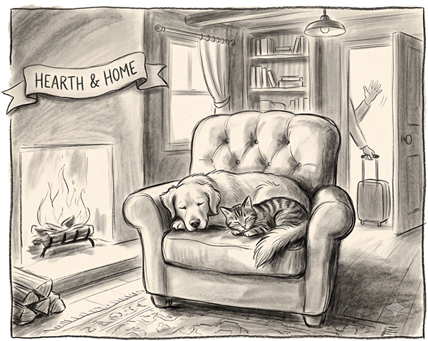 A cosy illustration of a dog and cat asleep together on an armchair by a lit fireplace, while their owner waves goodbye with a suitcase at the door, beneath a 'Hearth & Home' banner