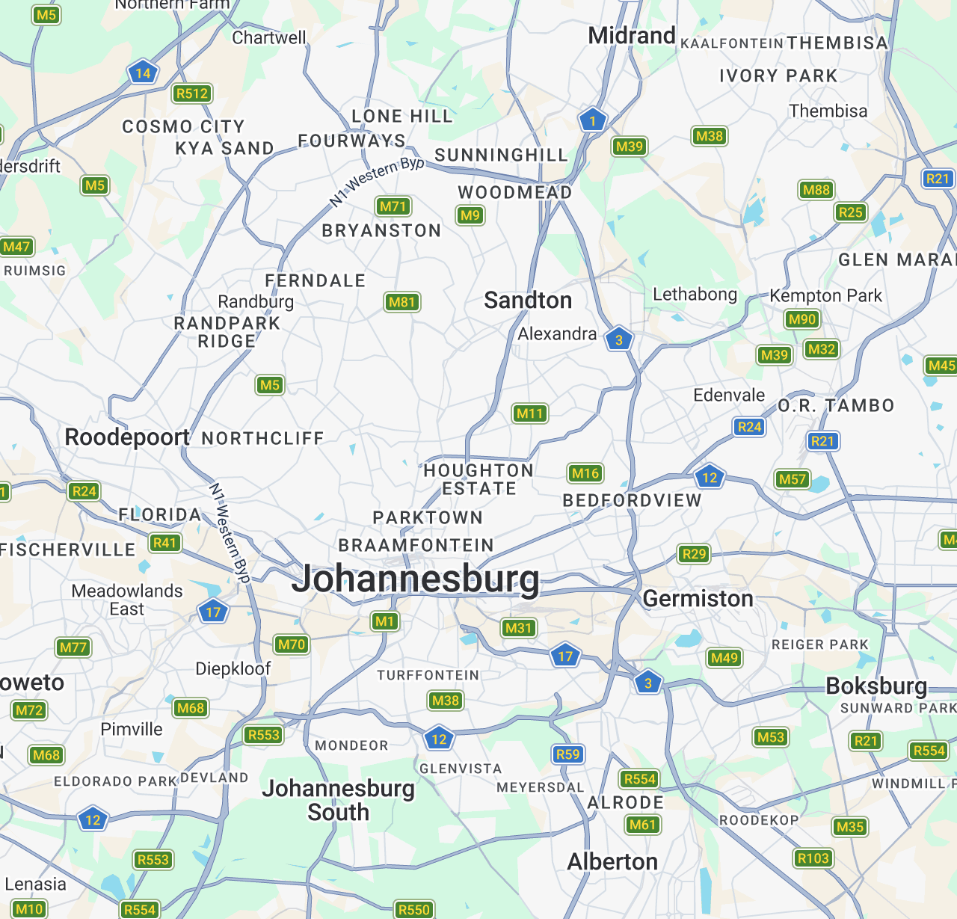 Map of Johannesburg with a green outline marking the suburbs covered