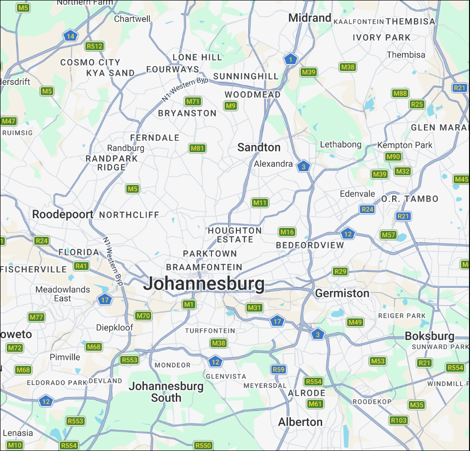Map of Johannesburg with a green outline marking the suburbs covered